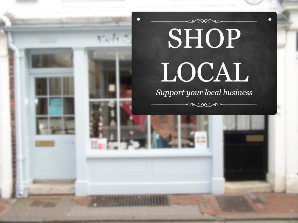 "SHOP LOCAL" A5 Sign - Support Your Local Business, 0.12”/3mm Aluminium Composite, UV Printed, Outdoor Use, Easy Mounting with Twine Included – by North By North East – Signs