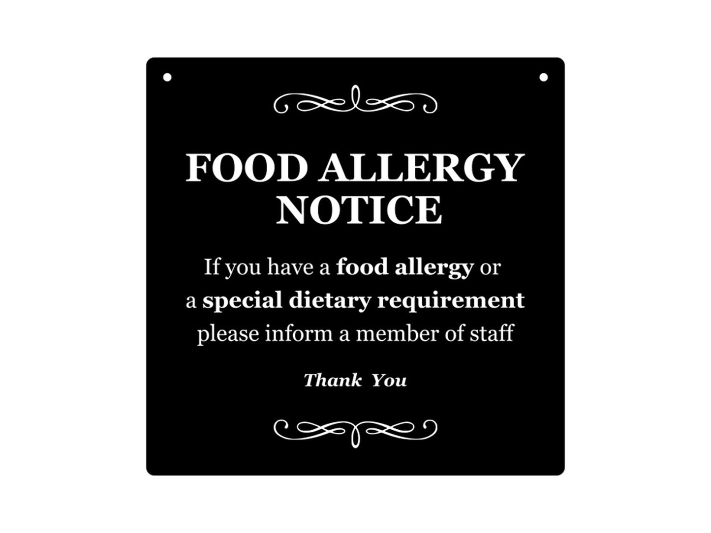 Food Allergy Notice Sign – Black HIPS 145×145 mm with Screw Fixings, UK Dispatch – by North By North East – Signs