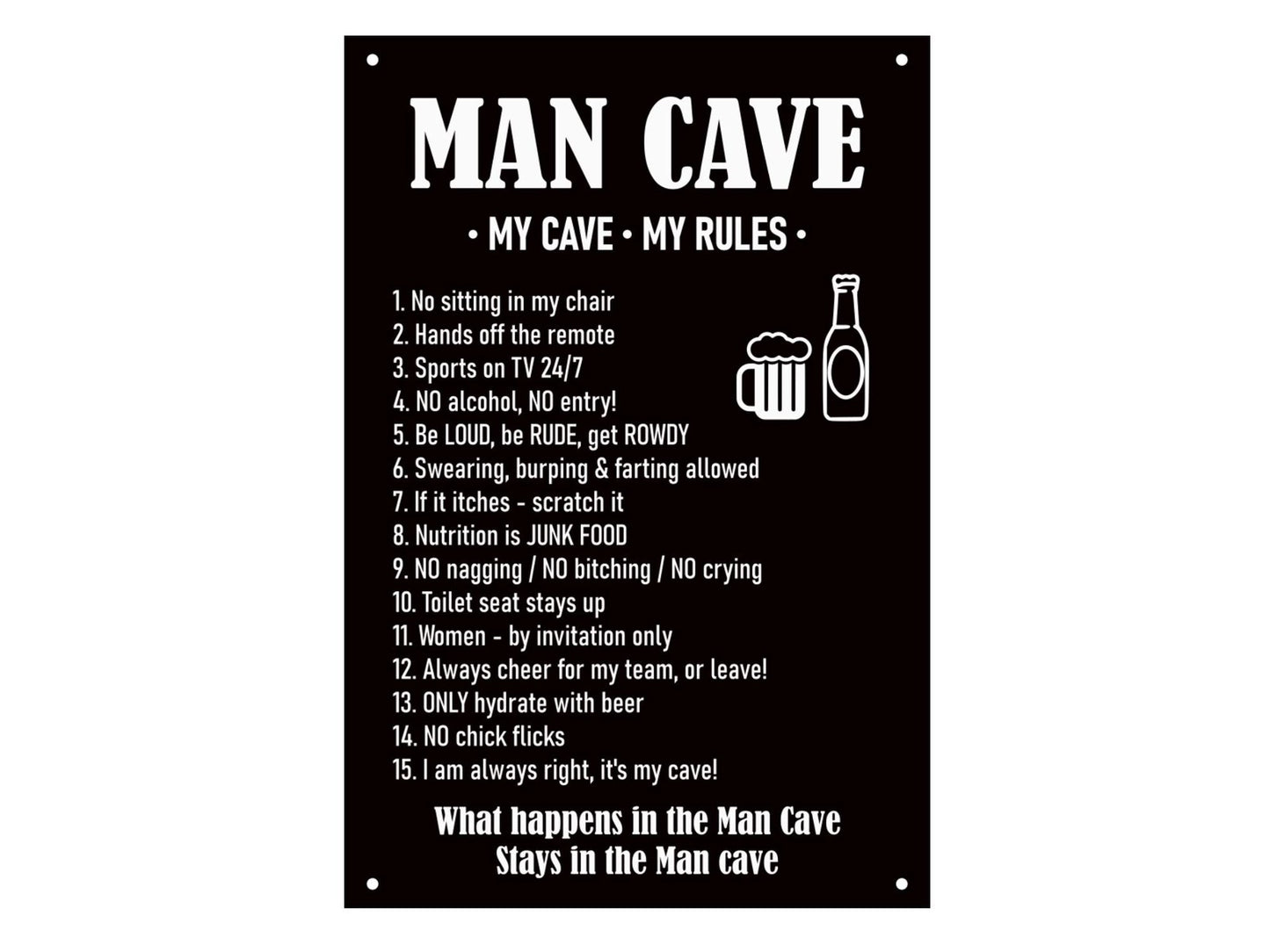 Man Cave Rules Sign – Black ACM Plaque A4 with Screw Mount, UK Dispatch – by North By North East – Business Hours & Policy Signs
