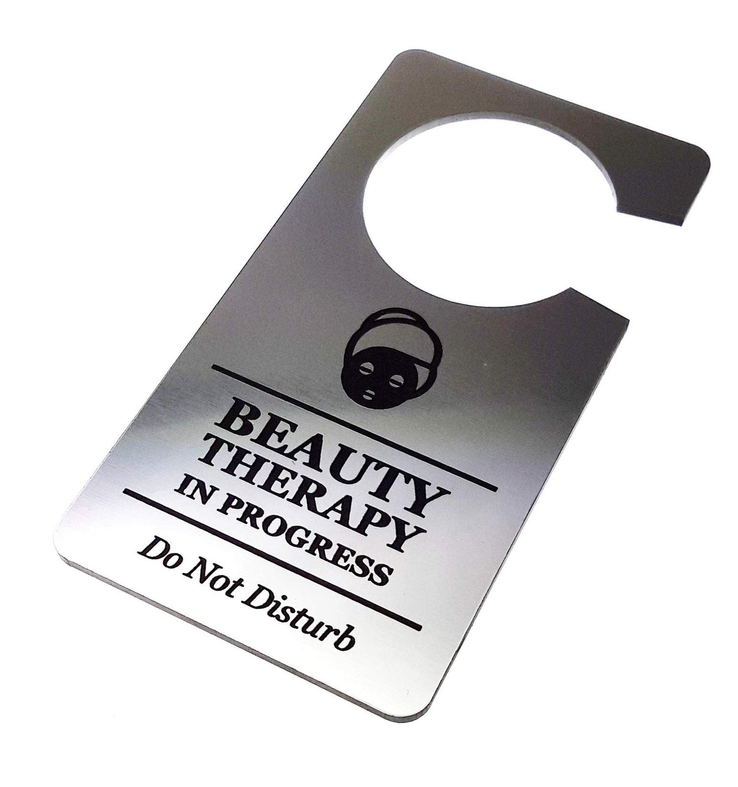 💆 Silver “Beauty Therapy in Progress” Do Not Disturb Door Hanger – Engraved – by North By North East – Business Hours & Policy Signs
