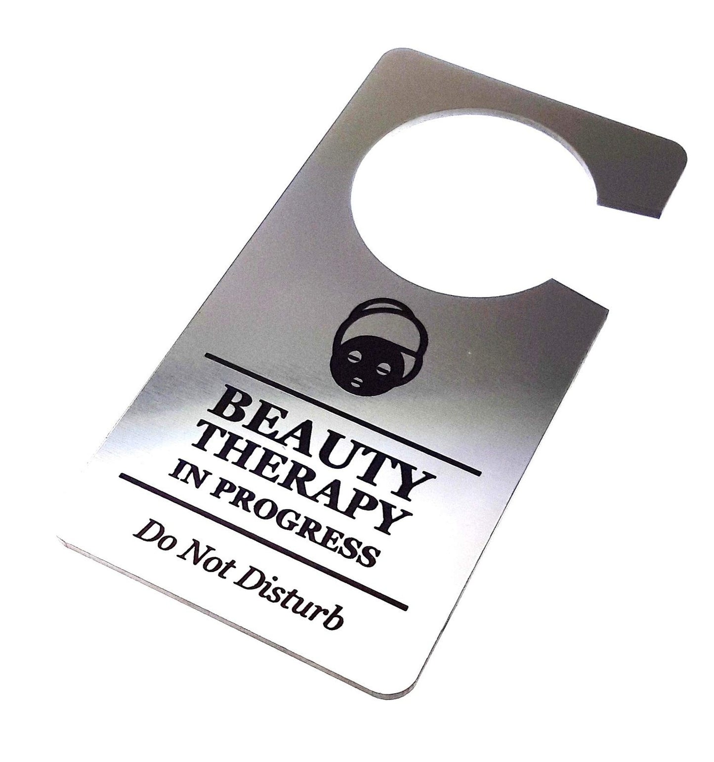 💆 Silver “Beauty Therapy in Progress” Do Not Disturb Door Hanger – Engraved – by North By North East – Business Hours & Policy Signs