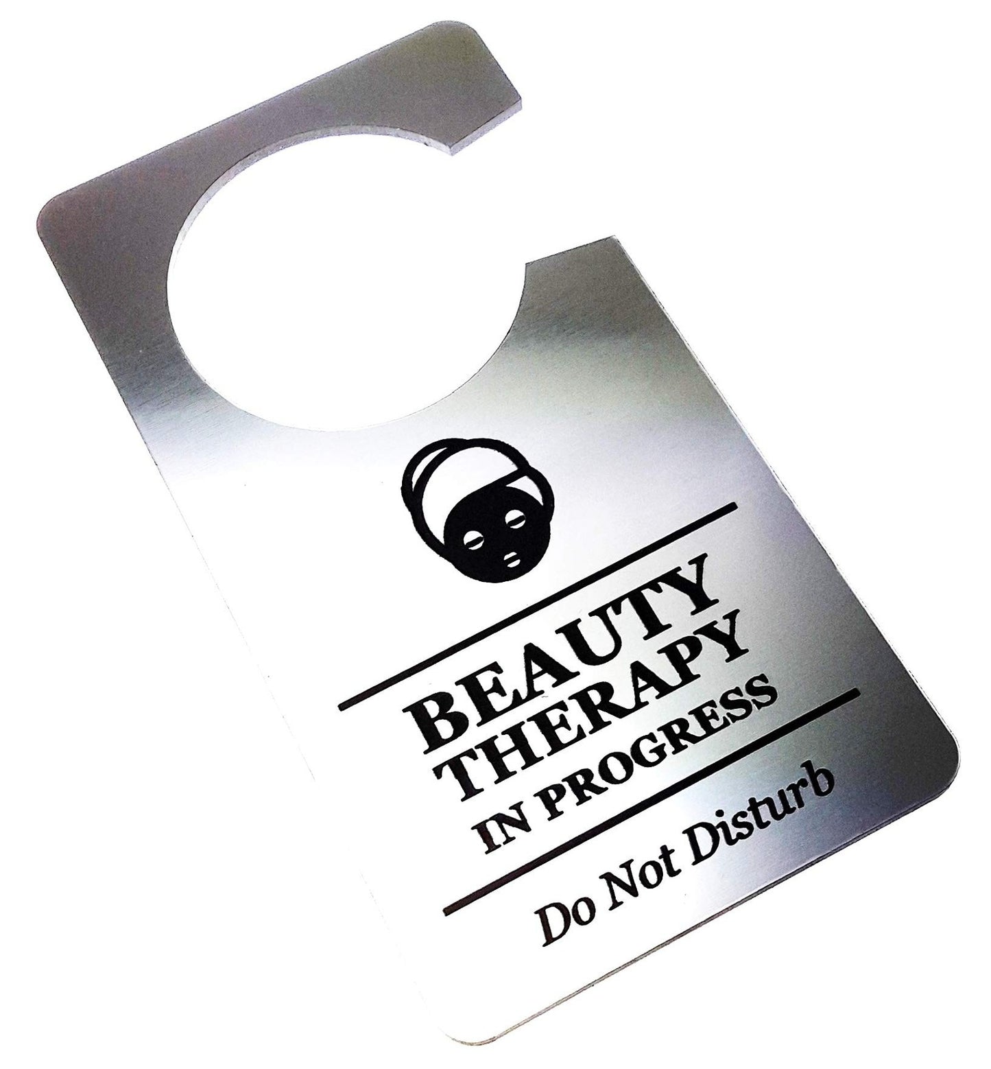 💆 Silver “Beauty Therapy in Progress” Do Not Disturb Door Hanger – Engraved – by North By North East – Business Hours & Policy Signs