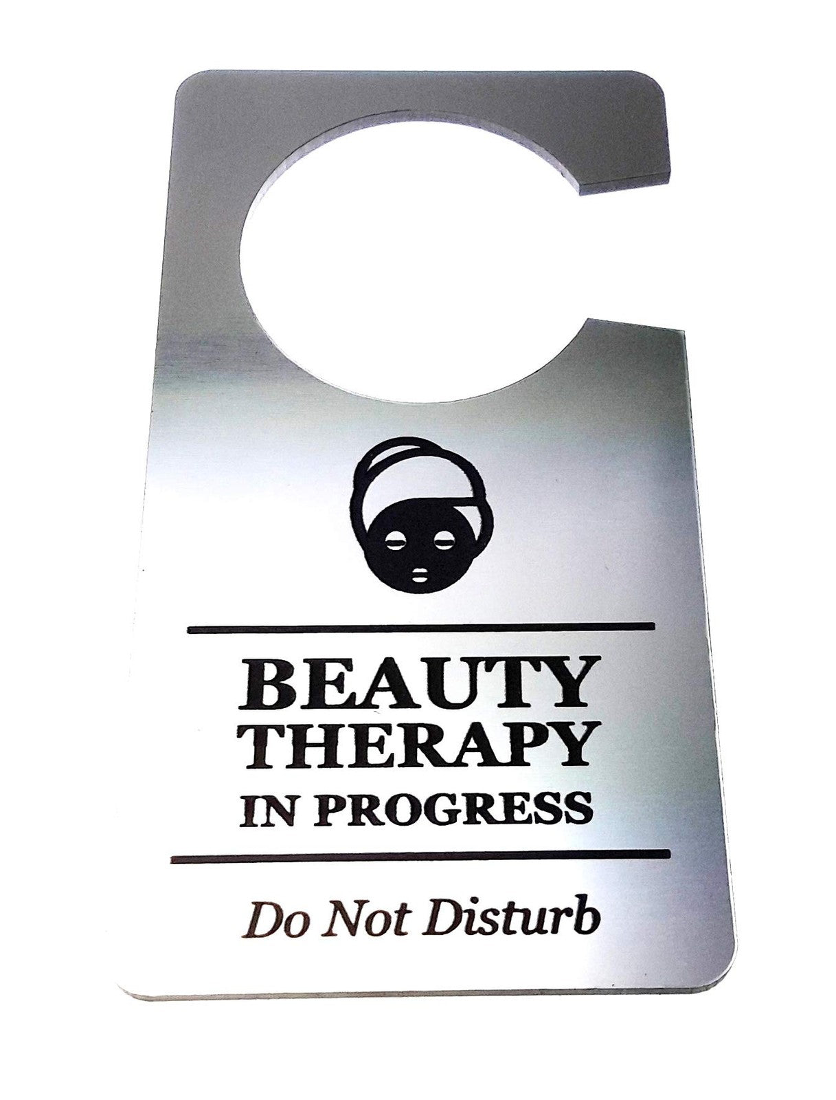 💆 Silver “Beauty Therapy in Progress” Do Not Disturb Door Hanger – Engraved – by North By North East – Business Hours & Policy Signs