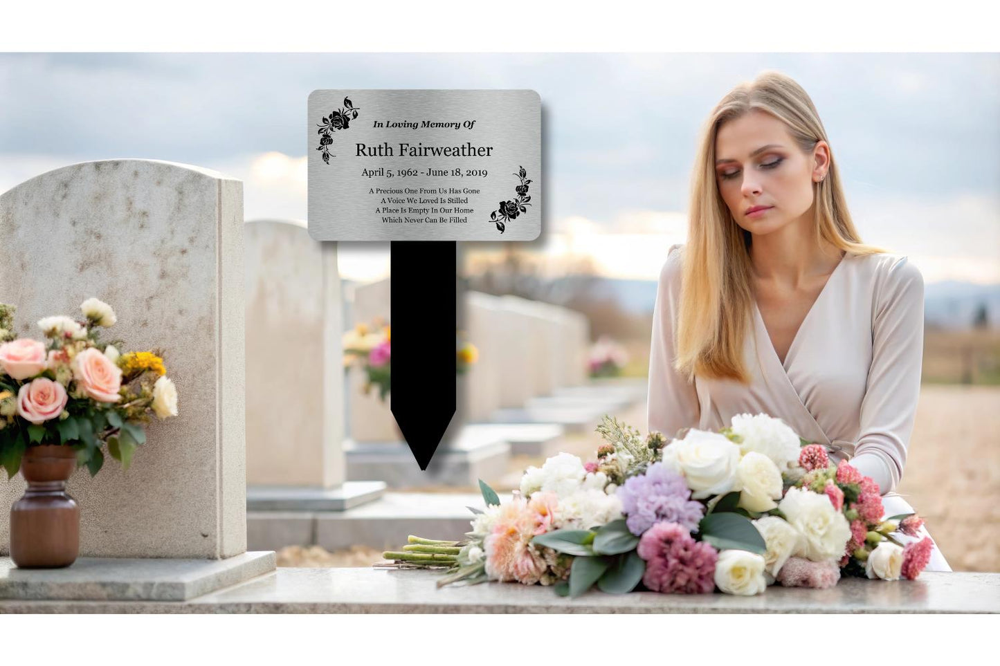 Personalised Silver Memorial Stake — Engraved Outdoor Grave Marker (150 × 250 mm, Silver Plaque on Black Stake) – by North By North East – Plaques & Nameplates