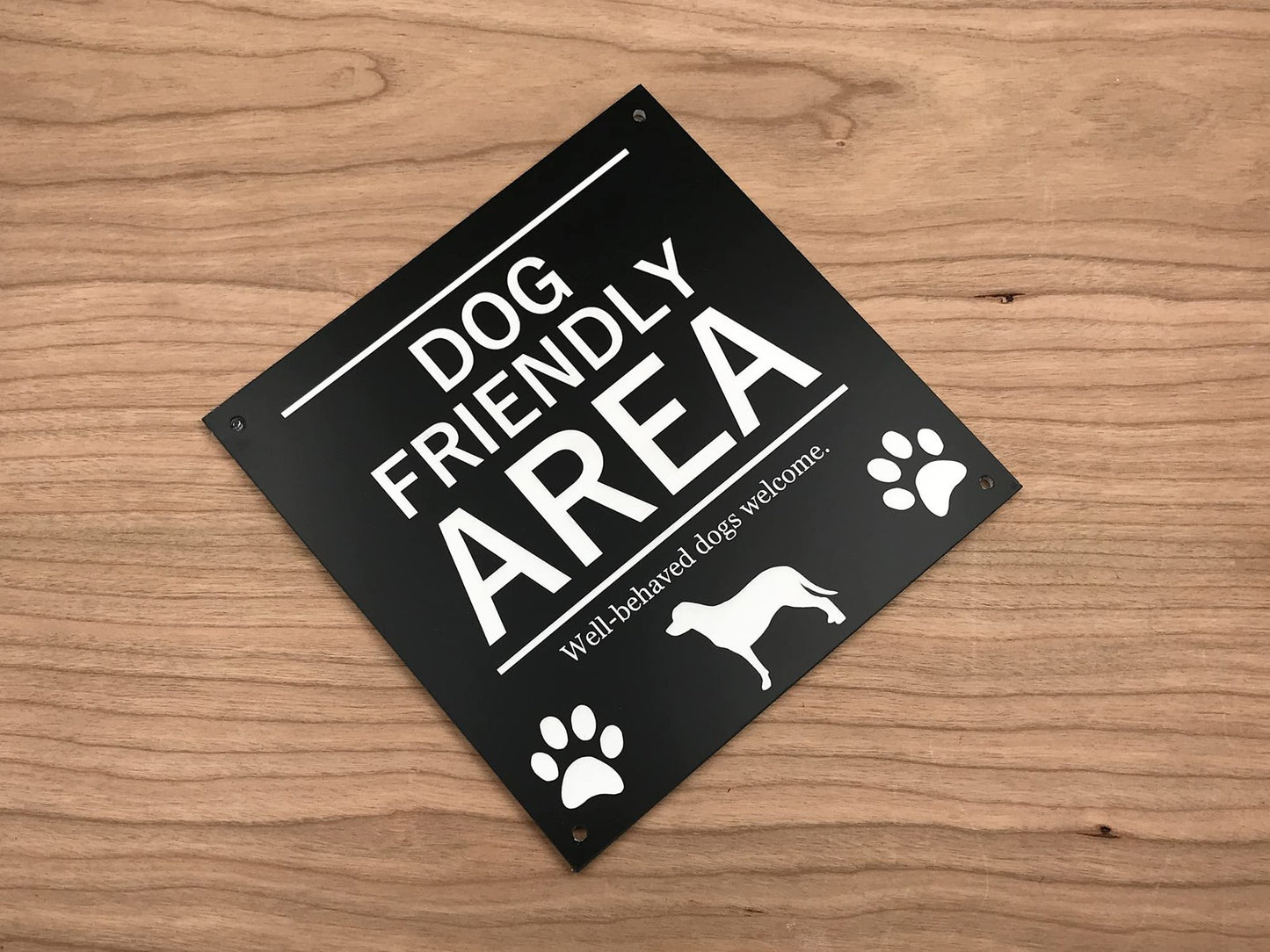 Black Dog Friendly Area Sign – 145mm Acrylic – 4 Screw Holes – Weatherproof – by North By North East – Signs
