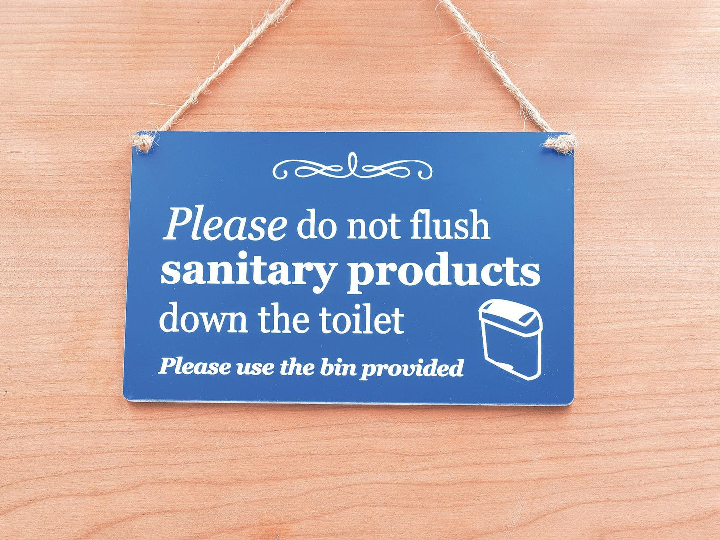 ๐ป Do Not Flush Sanitary Products Toilet Sign โ Blue ACM 140x90mm โ UK Made โ by North By North East โ Toilet & Bathroom Signs