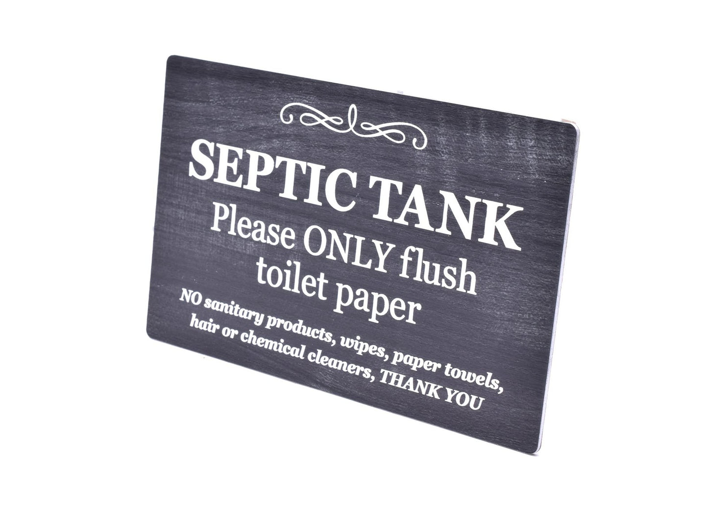 Black Wood Effect Septic Tank Toilet Sign – Self Adhesive Acrylic Plaque 145×90m – by North By North East – Toilet & Bathroom Signs