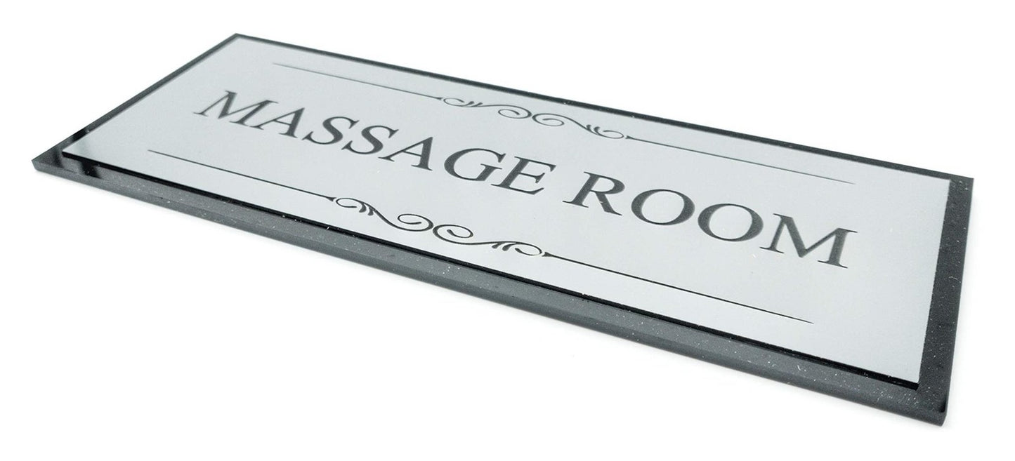Massage Room Door Sign – Black & Silver Acrylic 195 × 76 mm Self-Adhesive – by North By North East – Signs