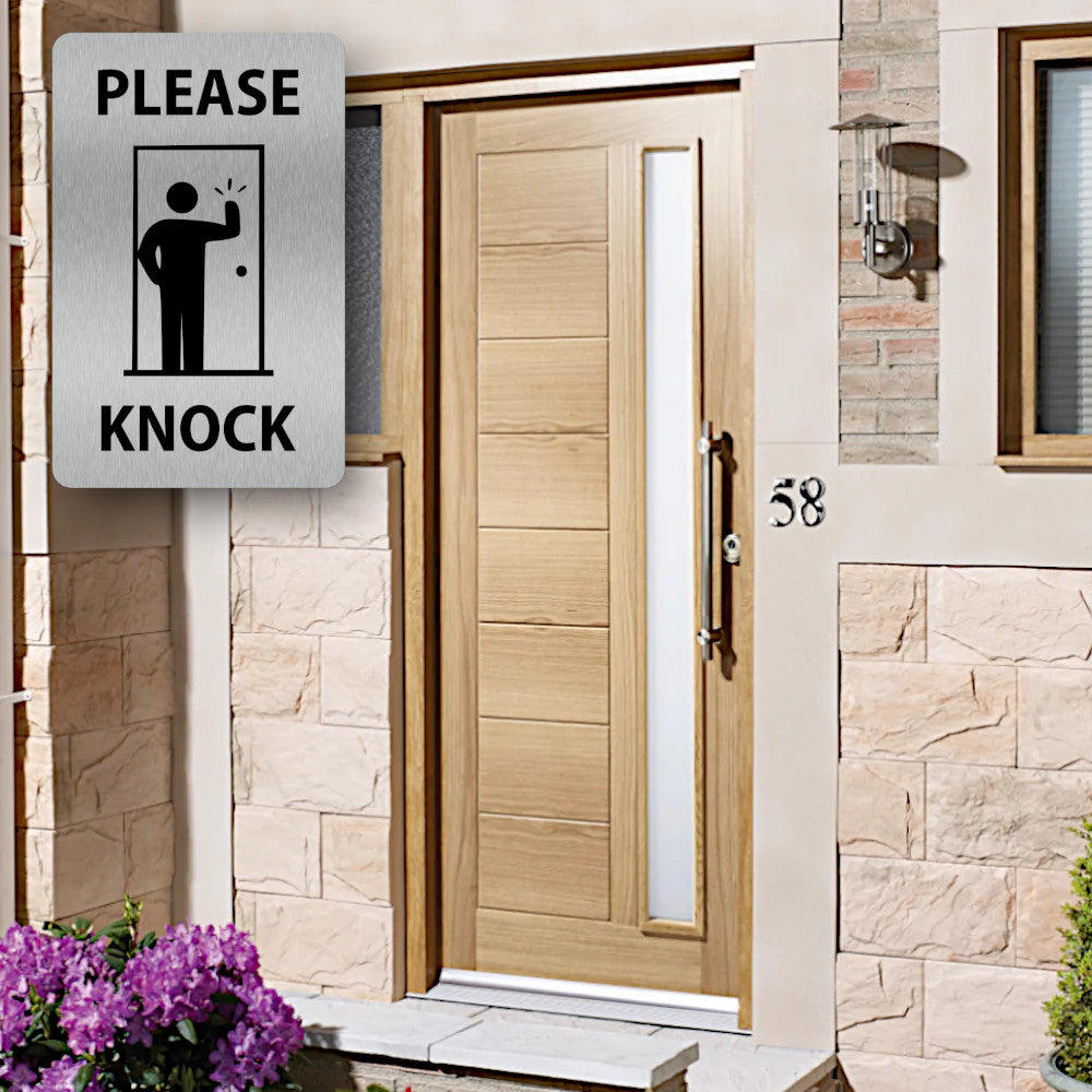 Premium Silver 'Please Knock' Sign - 3.54 x 5.51 Inches (90mm x 140mm) - 1mm Thick Aluminium, UV Printed for Long Term Outdoor Use, Self-Adhesive Backing – by North By North East – Signs