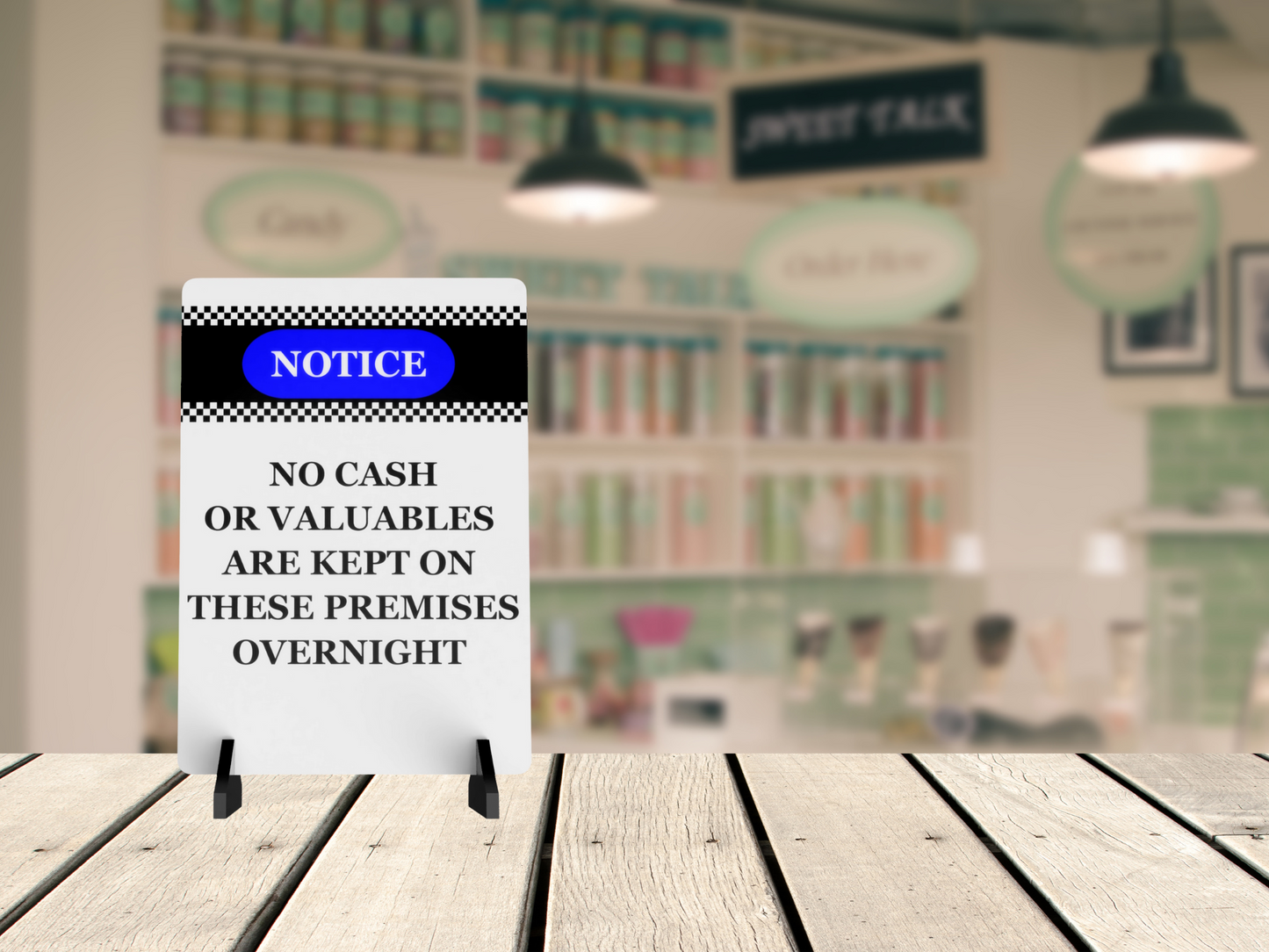 A5 Freestanding Security Notice Sign - No Cash or Valuables Kept Overnight - Aluminium Composite with Acrylic Feet – by North By North East – Security & CCTV Signs