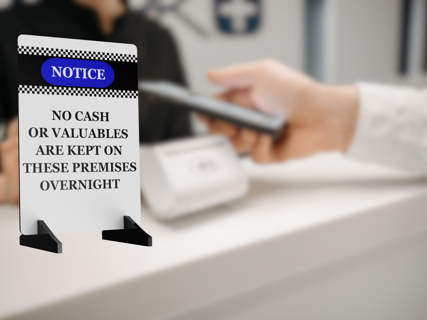 A5 Freestanding Security Notice Sign - No Cash or Valuables Kept Overnight - Aluminium Composite with Acrylic Feet – by North By North East – Security & CCTV Signs