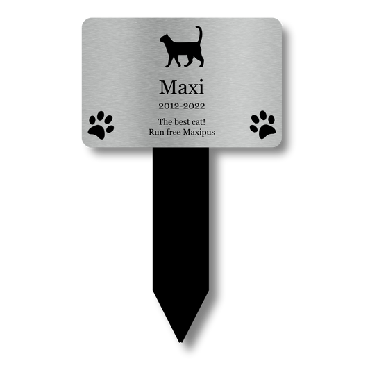 Personalised Cat Memorial Stake — Silver Aluminium Plaque on Black Acrylic Marker (230 × 140 mm, 6 mm) – by North By North East – Plaques & Nameplates