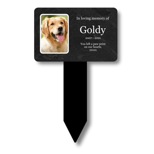 Personalised Slate-Effect Pet Memorial Stake — Photo & Text (140 × 230 mm, 6 mm, Black Acrylic Stake) – by North By North East – Plaques & Nameplates