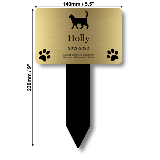 Personalised Cat Memorial Grave Marker — Gold Acrylic Stake, Black Engraving (140 × 230 mm, 6 mm Thick) – by North By North East – Plaques & Nameplates