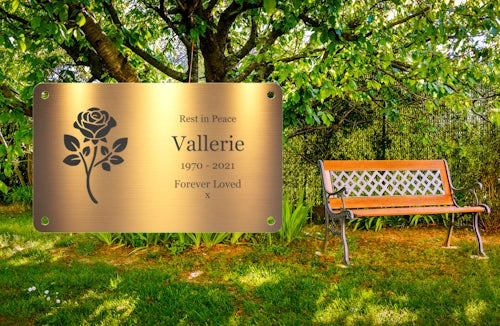 Personalised Brass Plaque 5" × 3" — Custom Engraved Memorial Sign with Decorative Border Design (Bench, Grave, Garden, Pet Tribute)