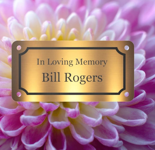 Personalised Brass Plaque 4" × 2" — Custom Engraved Memorial Sign with Decorative Border Design (Bench, Grave, Garden, Pet Tribute)