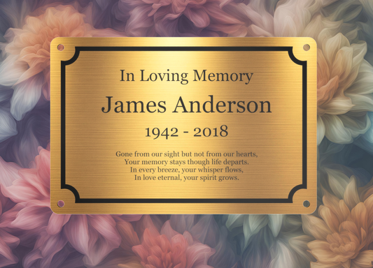 Personalised Brass Plaque 6" × 4" — Custom Engraved Memorial Sign with Decorative Border Design (Bench, Grave, Garden, Pet Tribute)