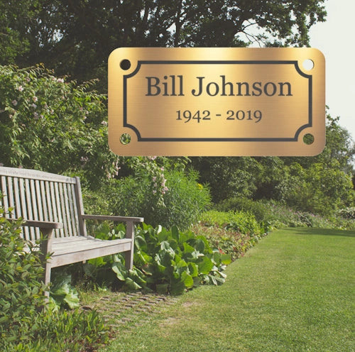 Personalised Brass Plaque 3" × 1" — Custom Engraved Memorial Sign with Decorative Border Design (Bench, Grave, Garden, Pet Tribute)