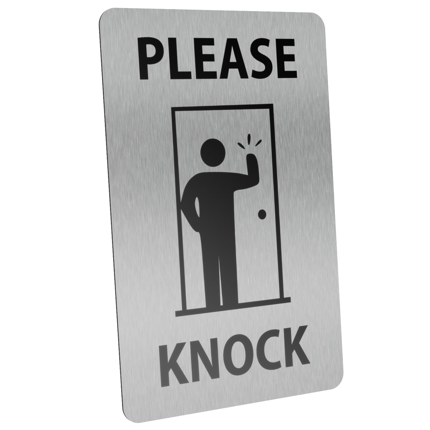 Premium Silver 'Please Knock' Sign - 3.54 x 5.51 Inches (90mm x 140mm) - 1mm Thick Aluminium, UV Printed for Long Term Outdoor Use, Self-Adhesive Backing – by North By North East – Signs