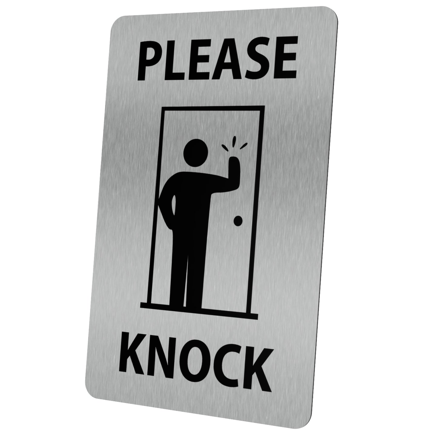 Premium Silver 'Please Knock' Sign - 3.54 x 5.51 Inches (90mm x 140mm) - 1mm Thick Aluminium, UV Printed for Long Term Outdoor Use, Self-Adhesive Backing – by North By North East – Signs