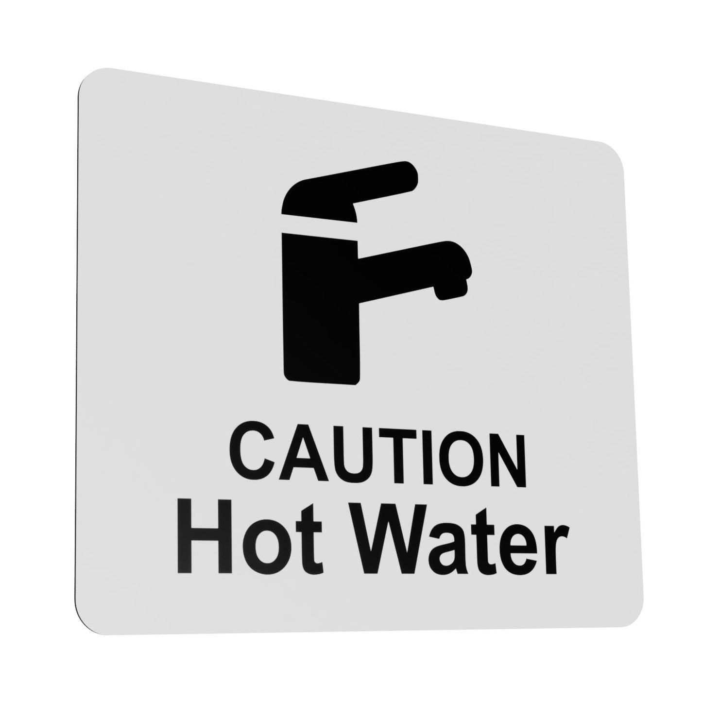 White 'Caution Hot Water' Sign - 4.72"x3.94" (120mm x 100mm) - Rigid 1mm Thick Substrate - UV Printed with Self-Adhesive Backing for Easy Installation – by North By North East – Signs