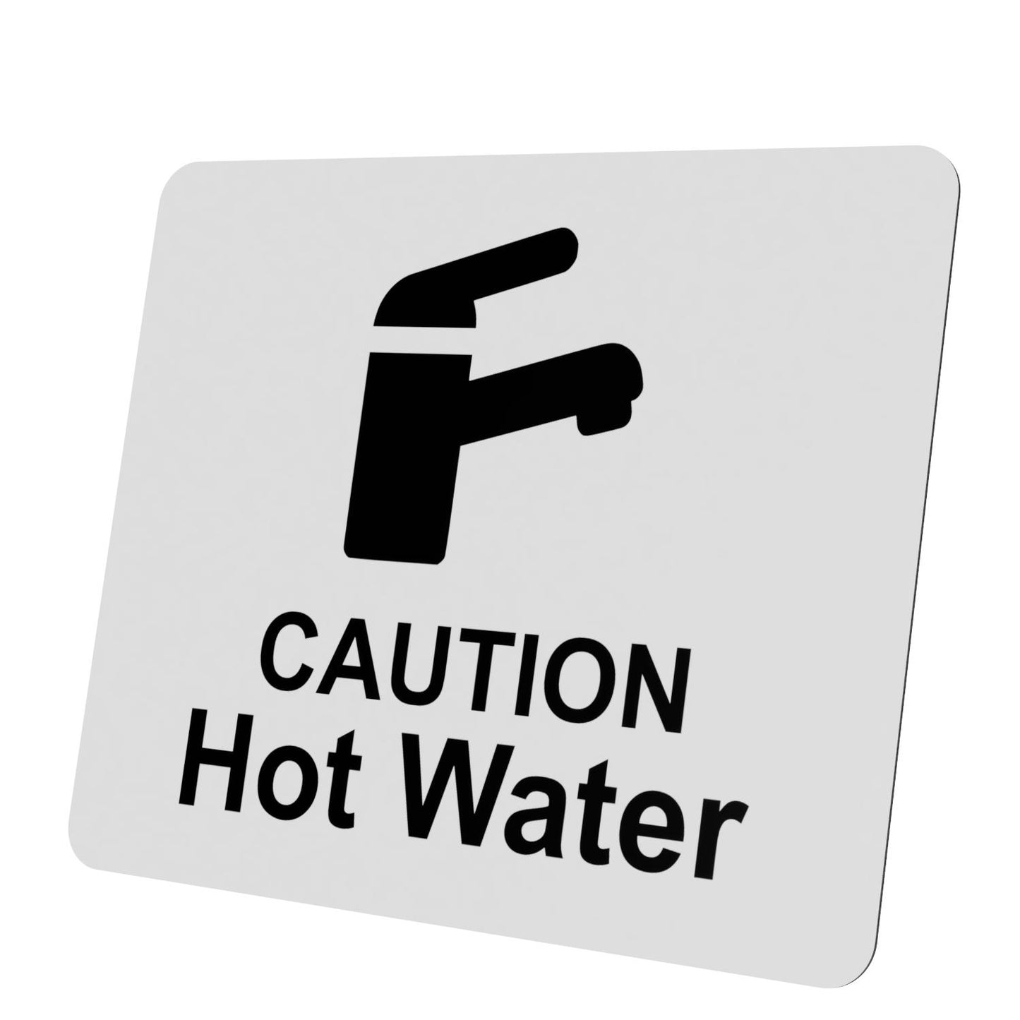 White 'Caution Hot Water' Sign - 4.72"x3.94" (120mm x 100mm) - Rigid 1mm Thick Substrate - UV Printed with Self-Adhesive Backing for Easy Installation – by North By North East – Signs