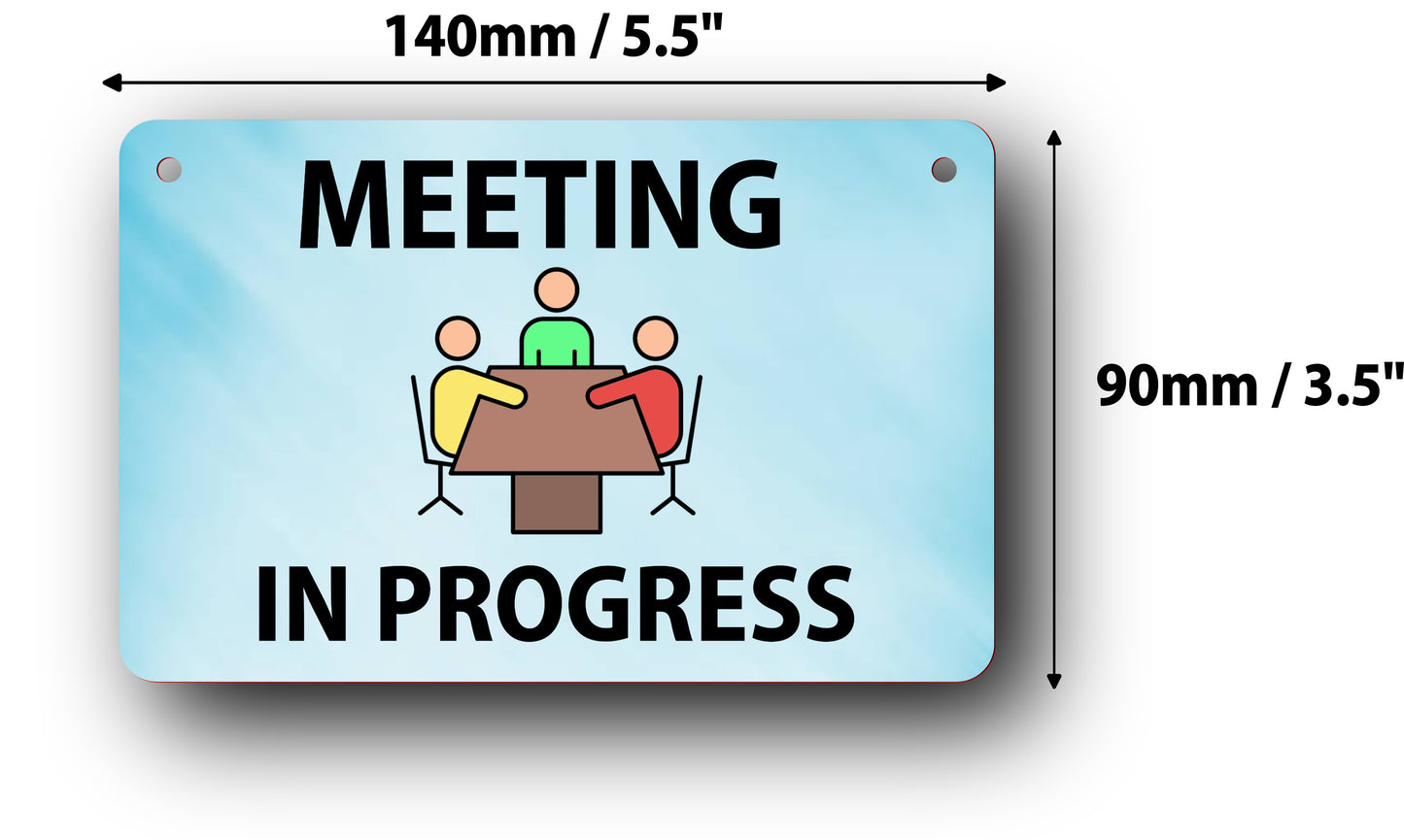 Light Blue 'Meeting in Progress' Sign - Aluminium Composite Door Sign with Twine, 140mm x 90mm, Ideal for Offices, Businesses, and Institutions, Easy to Hang
