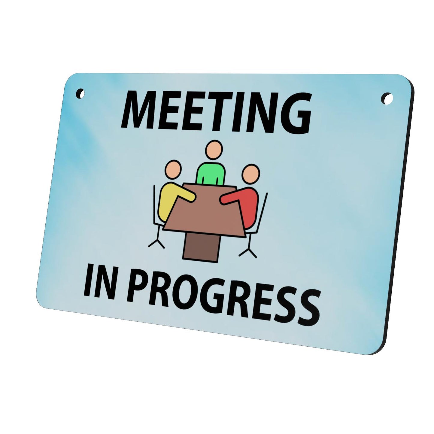 Light Blue 'Meeting in Progress' Sign - Aluminium Composite Door Sign with Twine, 140mm x 90mm, Ideal for Offices, Businesses, and Institutions, Easy to Hang