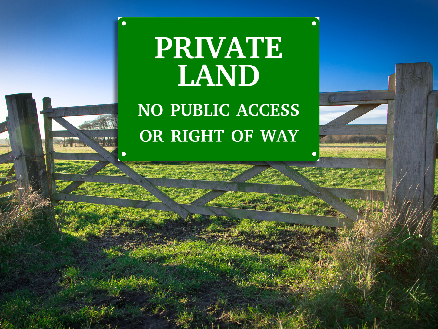 Private Land Sign, No Public Access, Green A4 Aluminium, 297x210mm, 150g, 4 Holes – by North By North East – Signs