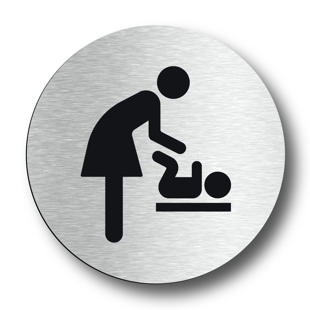 Baby Changing Facility Sign - 70mm x 70mm, Self-Adhesive Backing, Silver Circular Sign for Baby Changing Area - Clear Signage for Baby Changing Room – by North By North East – Signs