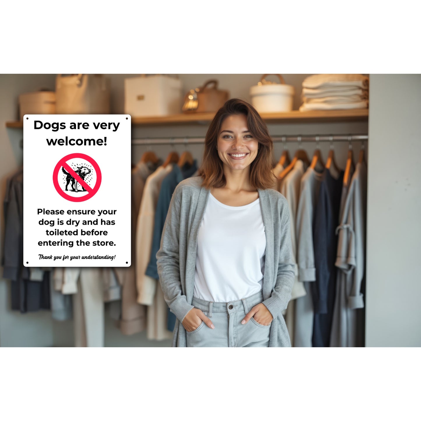 Dogs Welcome Sign • “Please Ensure Your Dog Is Dry & Has Toileted” • A4 3mm Aluminum Composite • UV Printed • 4 Corner Holes • Weatherproof – by North By North East – Toilet & Bathroom Signs