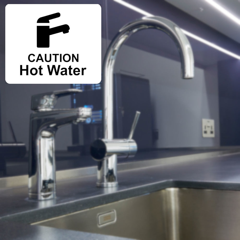 White 'Caution Hot Water' Sign - 4.72"x3.94" (120mm x 100mm) - Rigid 1mm Thick Substrate - UV Printed with Self-Adhesive Backing for Easy Installation – by North By North East – Signs
