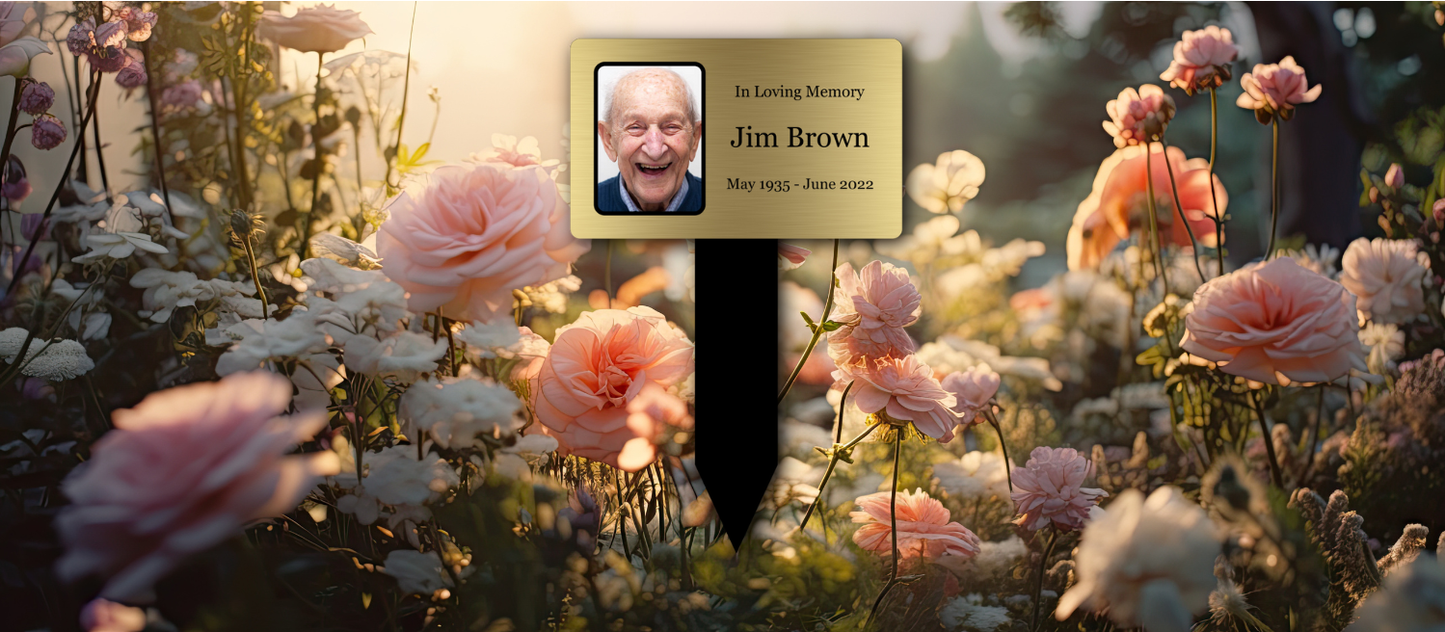 Personalised Metallic Acrylic Memorial Plaque — Large Outdoor Grave Marker with Stake (205 × 315 mm, Photo Option) – by North By North East – Plaques & Nameplates