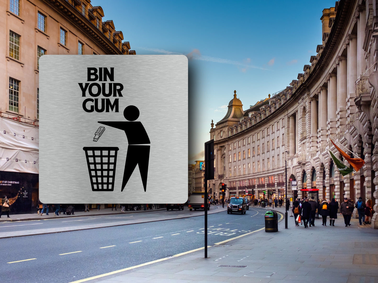Bin Your Gum Sign - Metallic Silver Self-Adhesive Aluminium Sign with UV Print – by North By North East – Signs