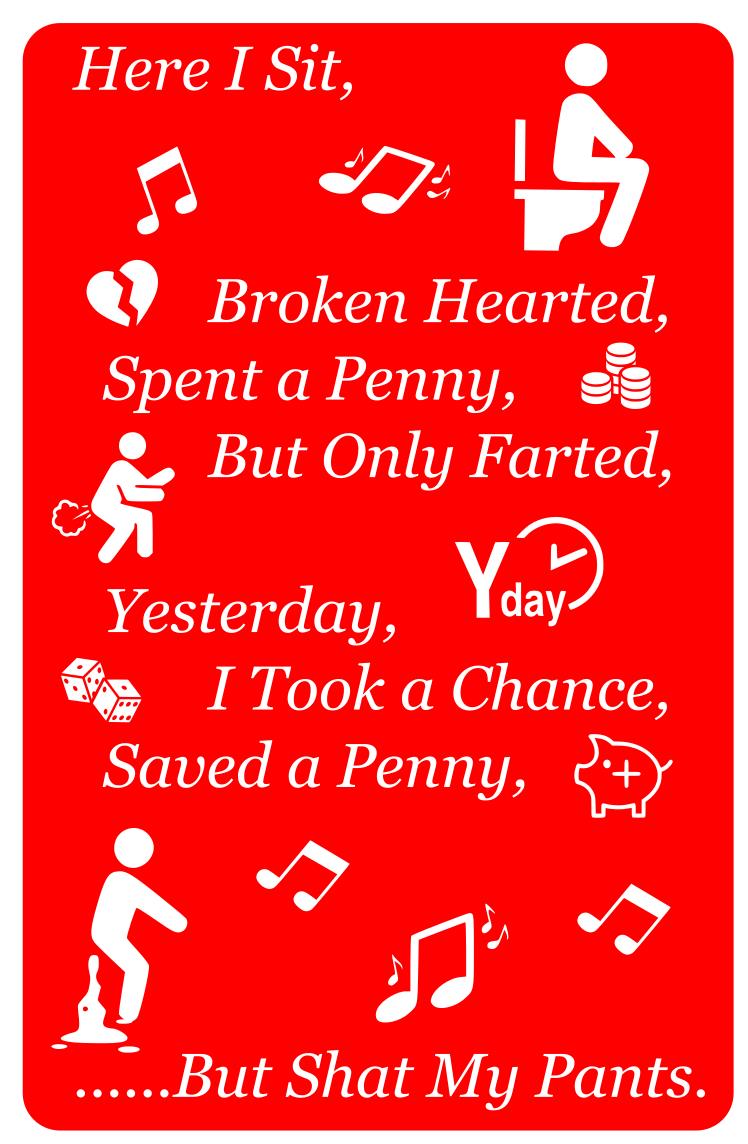 Rude Novelty Toilet Sign: Here I Sit, Broken Hearted. Self Adhesive Easy Install – by North By North East – Toilet & Bathroom Signs