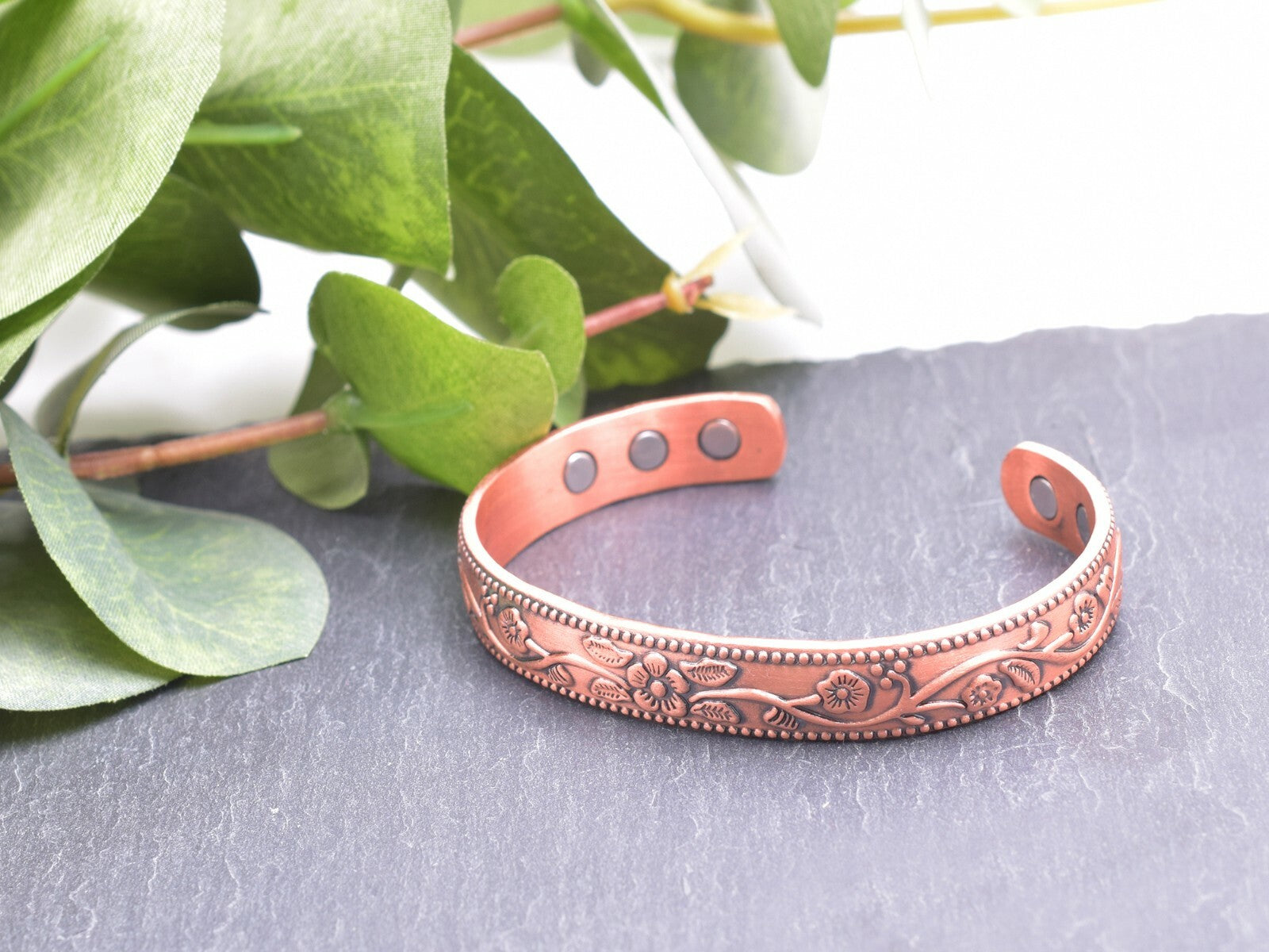 Copper Magnetic Bracelet with Delicate Elderflower Design (small size) – by North By North East – Safety & Warning Signs