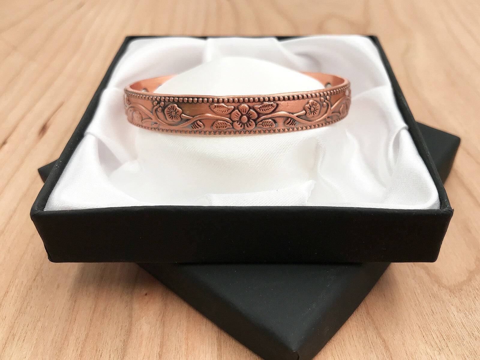 Copper Magnetic Bracelet with Delicate Elderflower Design (small size) – by North By North East – Safety & Warning Signs