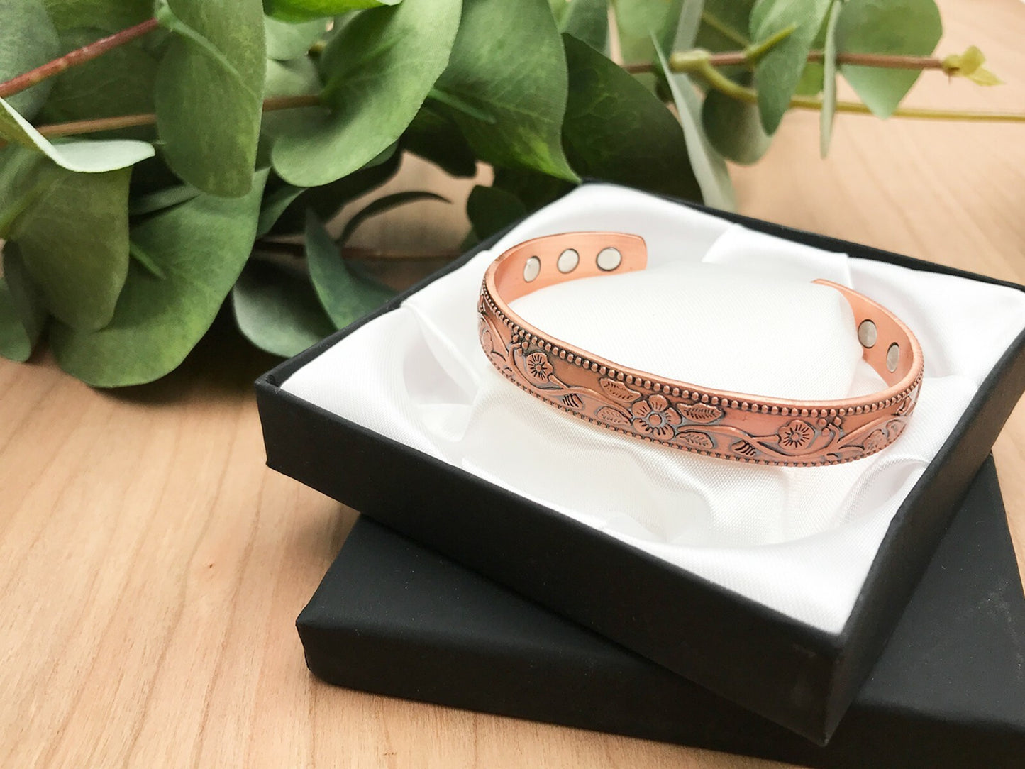 Copper Magnetic Bracelet with Delicate Elderflower Design (small size) – by North By North East – Safety & Warning Signs