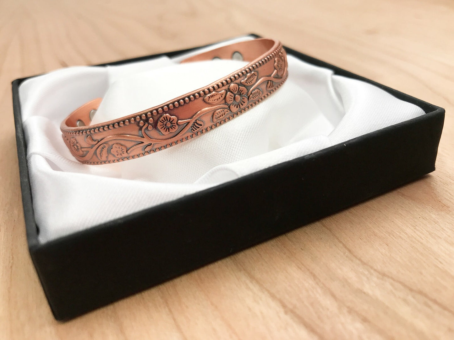 Copper Magnetic Bracelet with Delicate Elderflower Design (small size) – by North By North East – Safety & Warning Signs