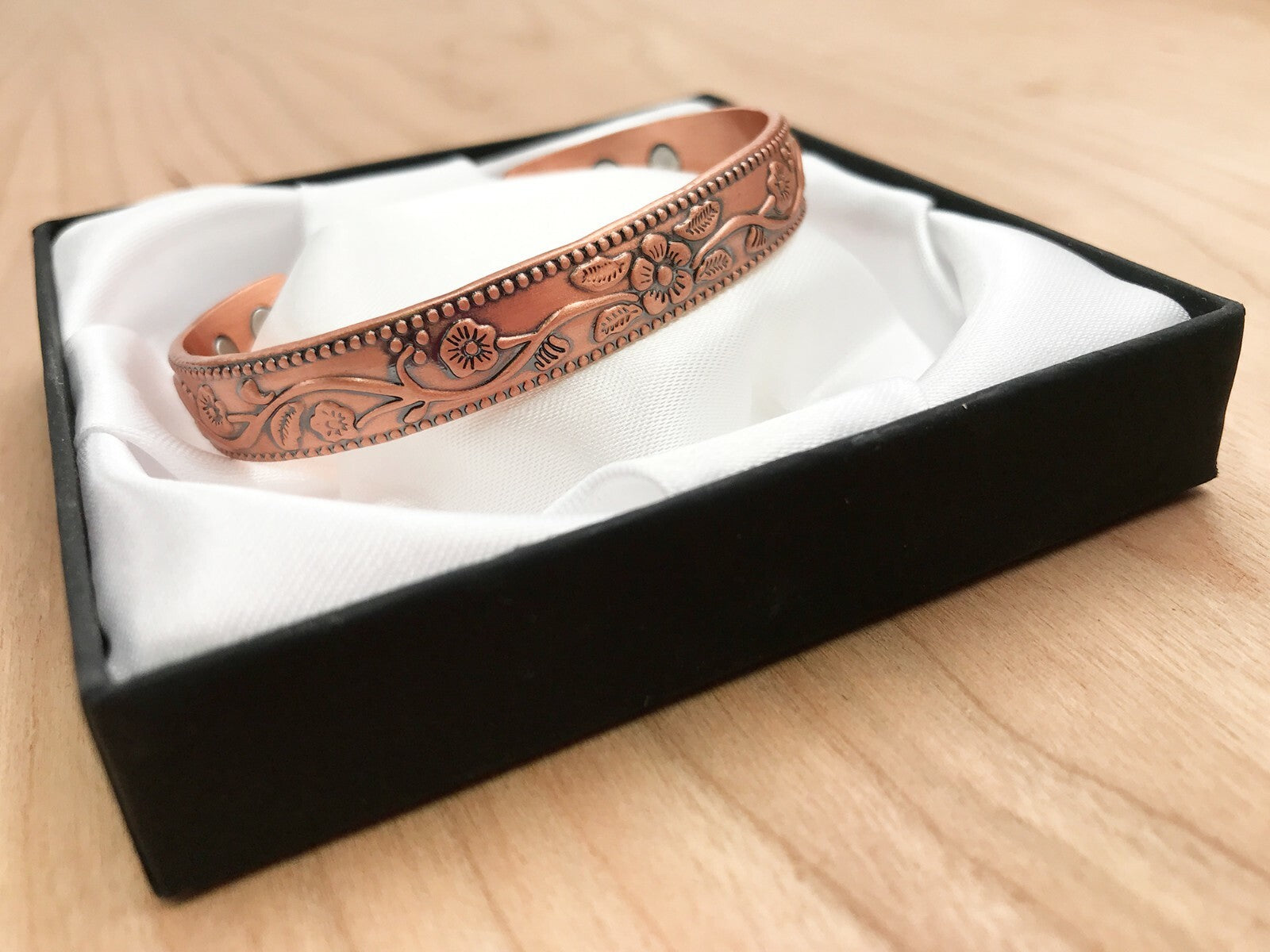 Copper Magnetic Bracelet with Delicate Elderflower Design (small size) – by North By North East – Safety & Warning Signs