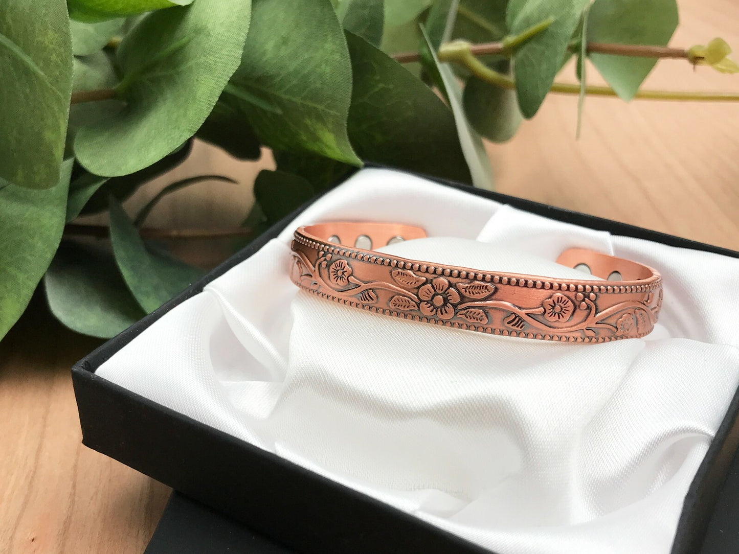 Copper Magnetic Bracelet with Delicate Elderflower Design (small size) – by North By North East – Safety & Warning Signs