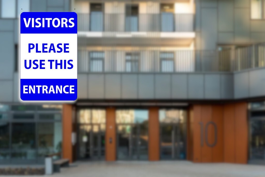 Blue & White "Visitors Please Use This Entrance" Sign - 140mm x 90mm – by North By North East – Signs