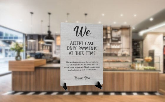 We Accept Cash Only Sign – A4 Aluminium with Acrylic Feet, Counter Display – by North By North East – Signs
