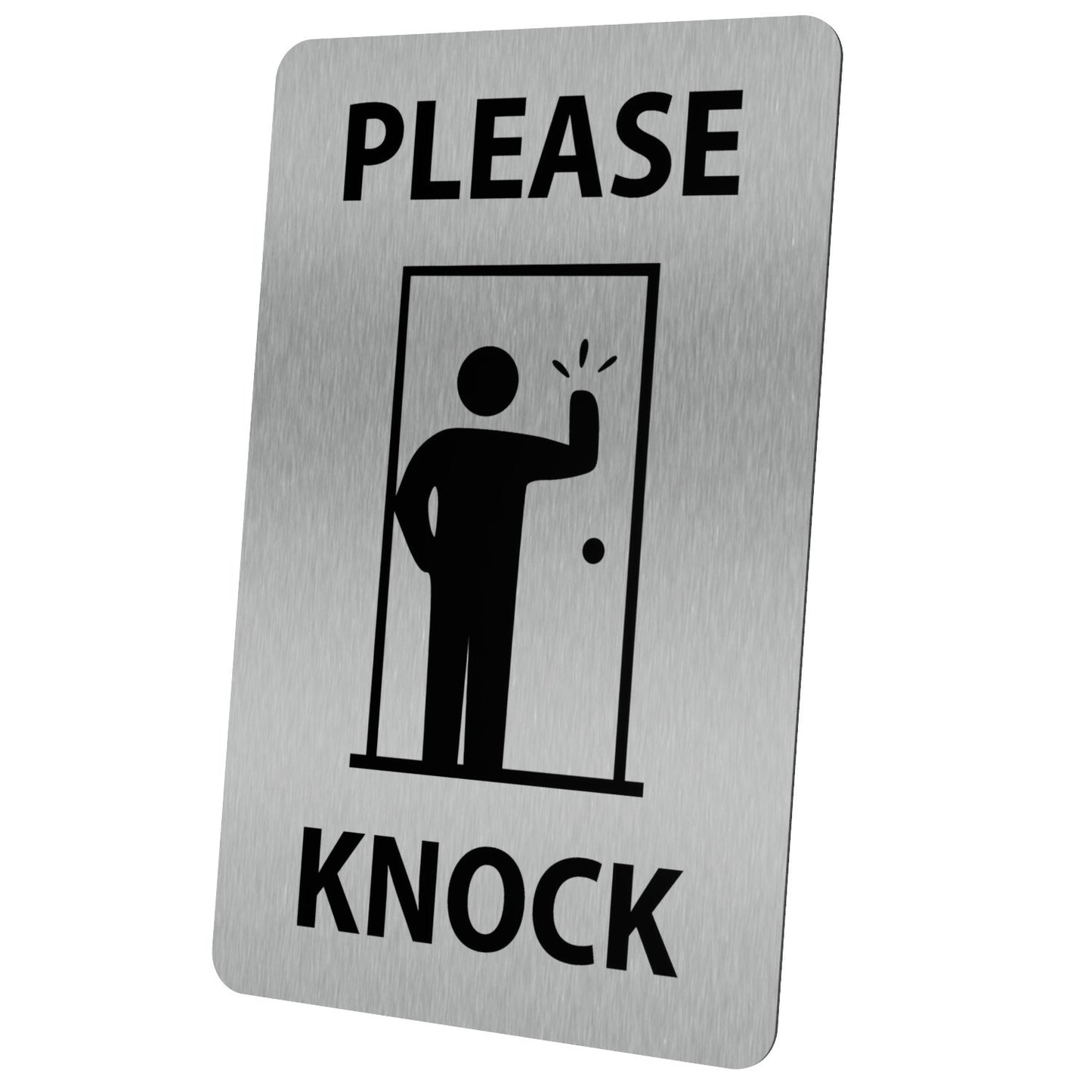 Silver 'Please Knock' Sign - 3.54 x 5.51 Inches, UV Printed, Self-Adhesive – by North By North East – Signs
