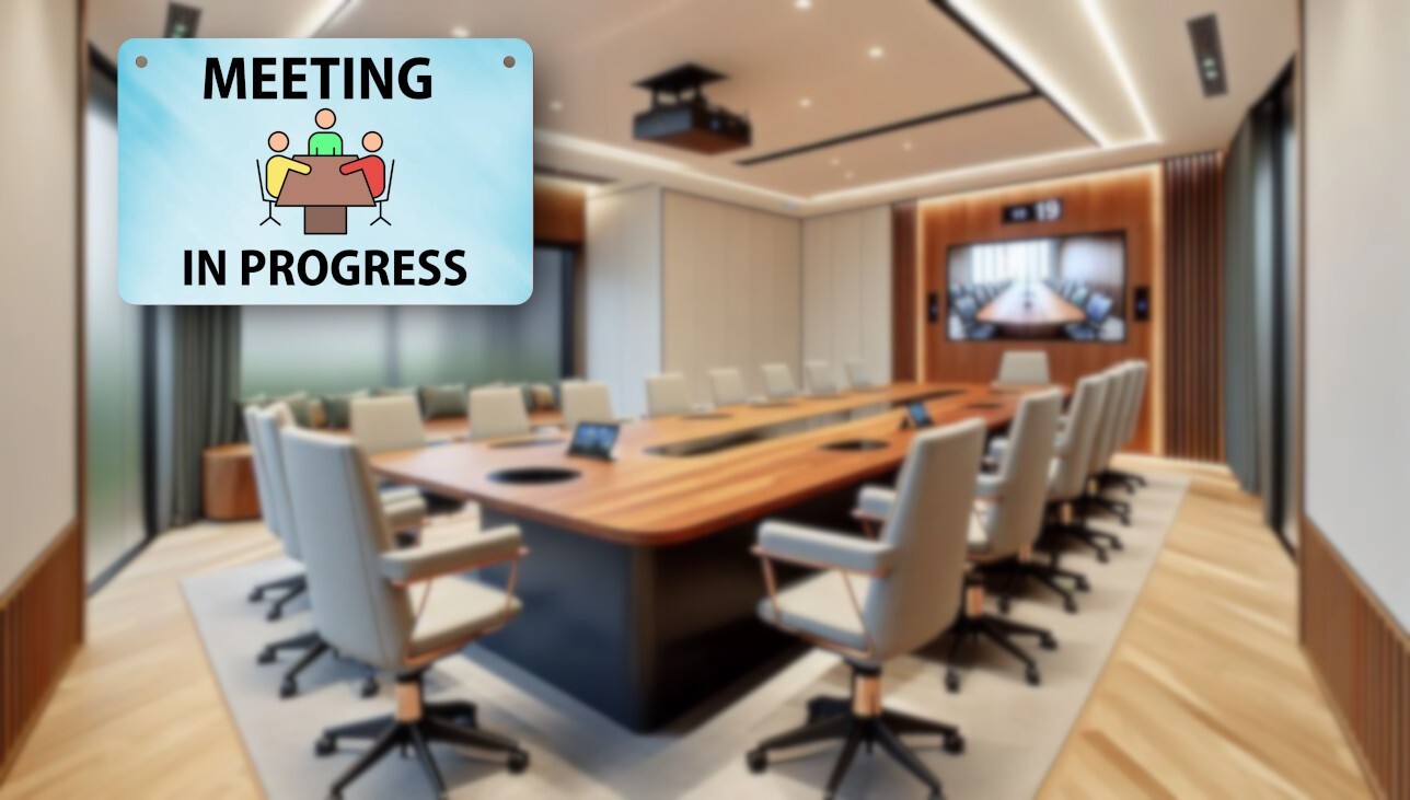 Light Blue 'Meeting in Progress' Door Sign with Twine - 140mm x 90mm – by North By North East – Signs