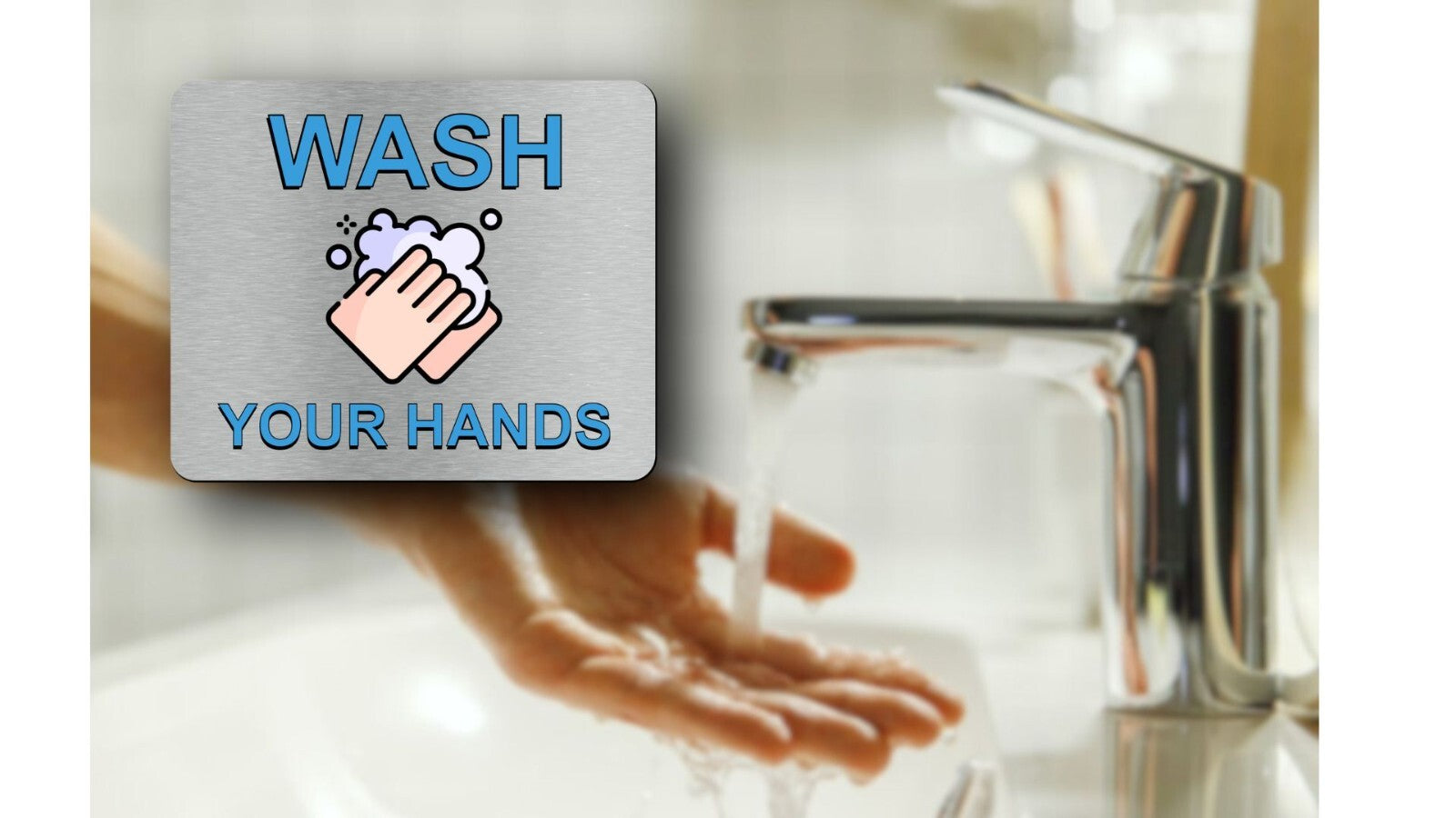Silver Aluminum "Wash Your Hands" Sign 115mm x 95mm Self-Adhesive – by North By North East – Signs