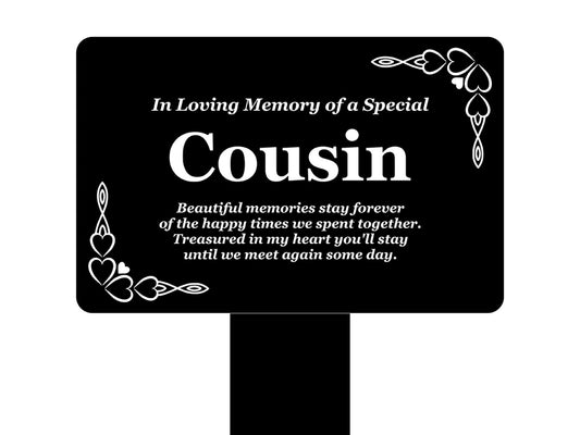 Black Acrylic Cousin Memorial Stake with Poem – Outdoor Grave Marker – 142×242mm – by North By North East – Plaques & Nameplates