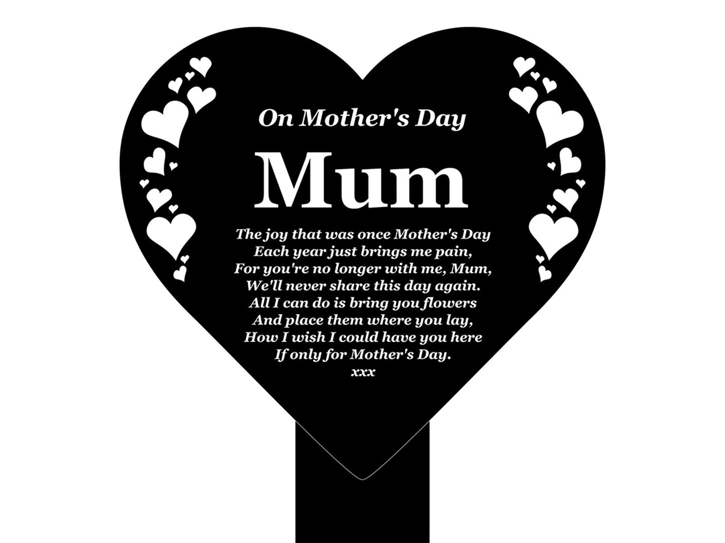 Black & White Heart Shaped Mum Memorial Stake, Weatherproof Acrylic Grave Marker – by North By North East – Plaques & Nameplates