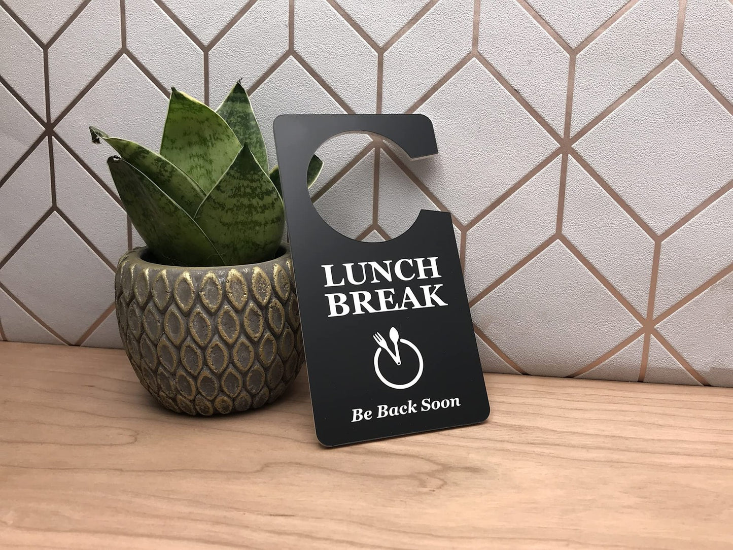 ⚫ Black “Lunch Break” Door Hanger – Acrylic Do Not Disturb Sign with Plate Icon – by North By North East – Signs
