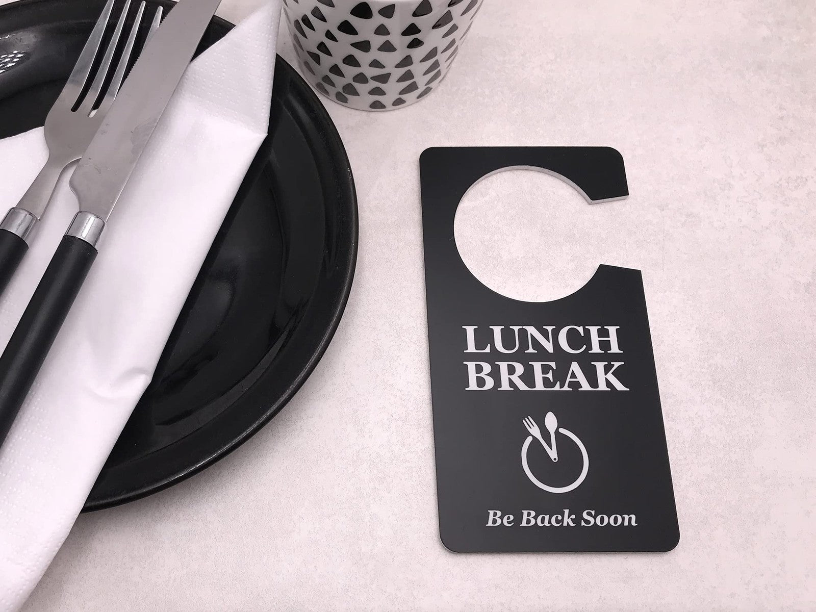 ⚫ Black “Lunch Break” Door Hanger – Acrylic Do Not Disturb Sign with Plate Icon – by North By North East – Signs